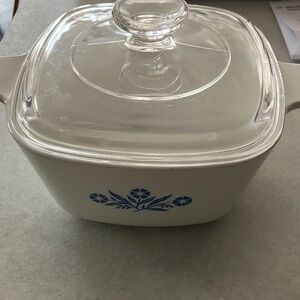 White Corning ware Casserole Dish with Blue Floral Design